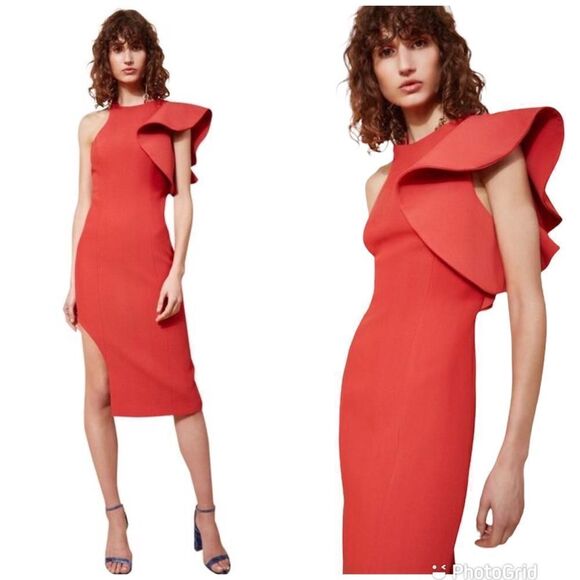 C\MEO Collective Red One Shoulder Fitted Midi Dress Thigh Slit Cocktail XS New - Picture 16 of 16